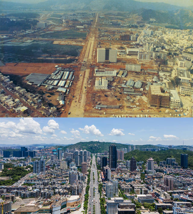 上图：1984年，动工建设的拱北迎宾大道；下图：2020年，北望板樟山，沿着迎宾大道发展的珠海市区