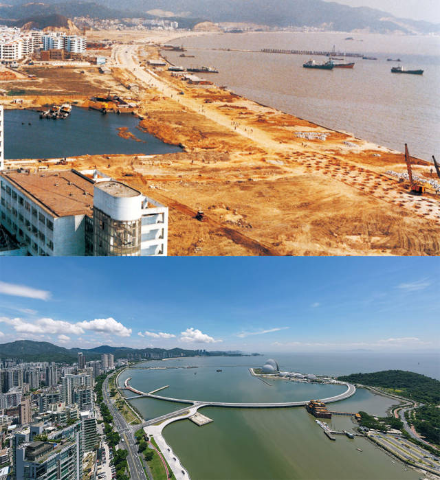 上图：1991年，香洲湾情侣中路在建设中；下图：2020年，香洲湾情侣路今景。外海处的日月贝大剧院成为珠海的新地标