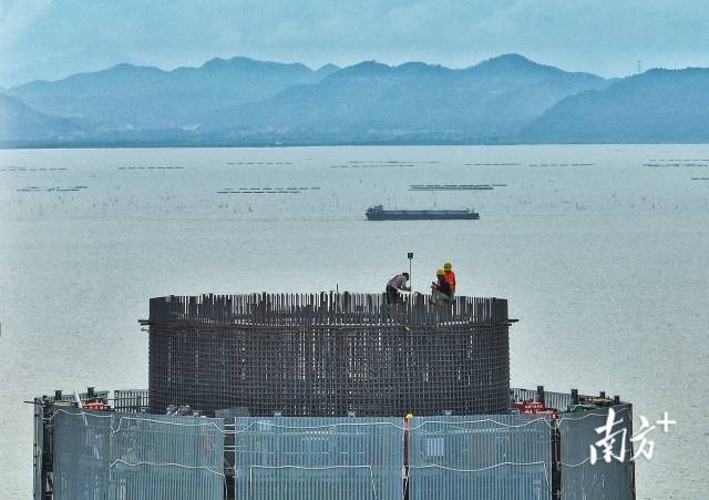 黄茅海海域上，工人们正在进行主塔浇筑施工。 