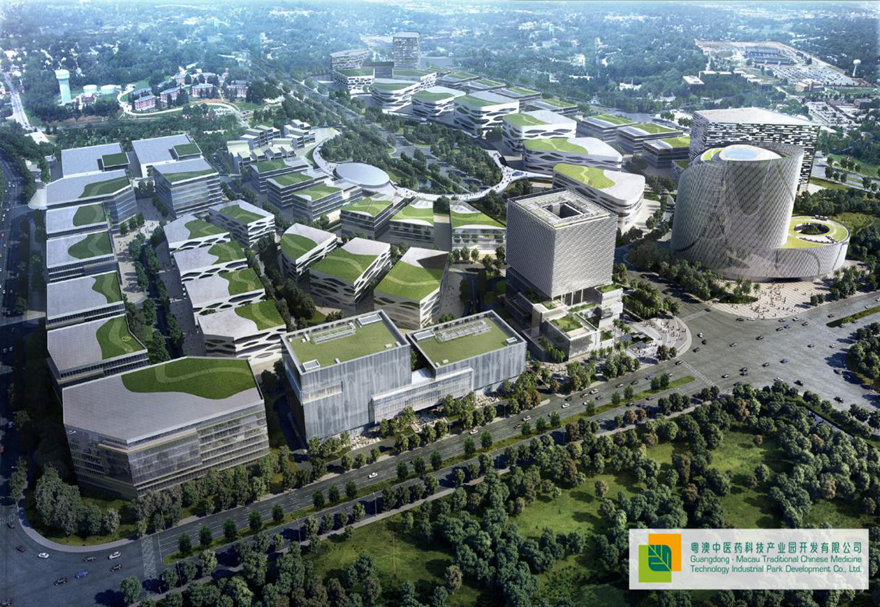 产业园位于横琴粤澳深度合作区环岛北路，占地50万平方米，总开发面积约140万平方米。围绕“国际级中医药质量控制基地”和“国际健康产业交流平台”的核心目标，以及打造“中医药产业与文化一带一路的国际窗口”的优势定位，以搭建产学研一体化平台、推动中医药国际化发展、以及发展大健康产业为思路规划与开展工作，目前园区整体建设已初具规模。图为粤澳合作中医药科技产业园设计效果图。