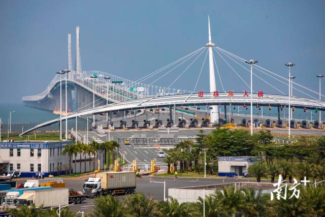 港车通过港珠澳大桥珠海公路口岸驶入广东，香洲区是“港车北上”、“澳车北上”的首站。南方+记者 钱文攀 摄