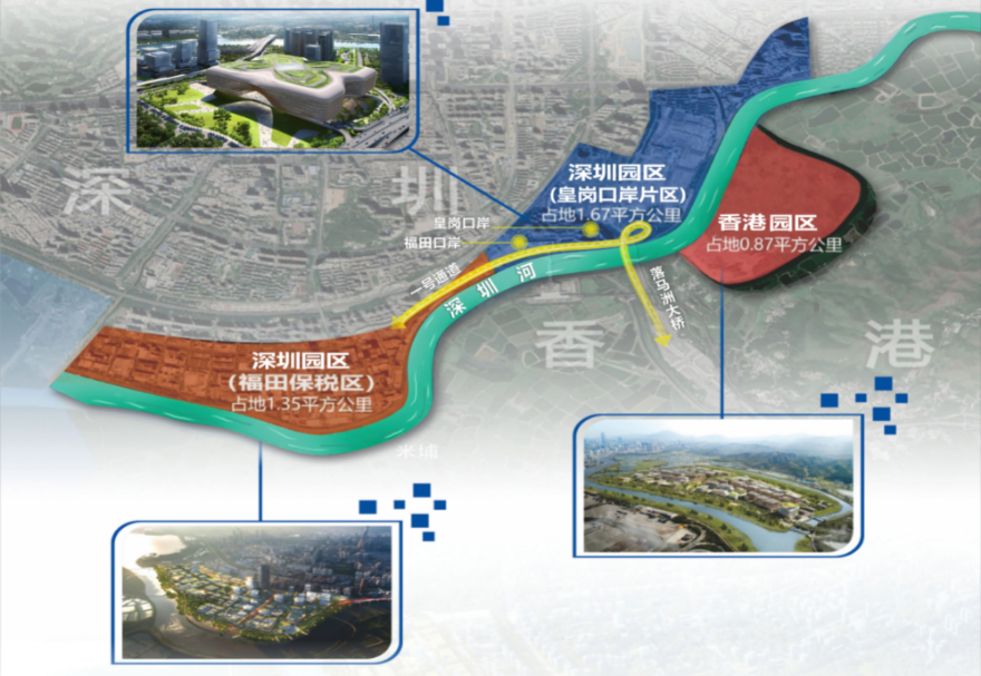 在区位方面，河套合作区地处香港特别行政区北部和深圳市中南部跨境接壤地带，面积3.89平方公里，具有“一河两岸、一区两园”跨境直连互通的独特优势。图为河套合作区区位图。