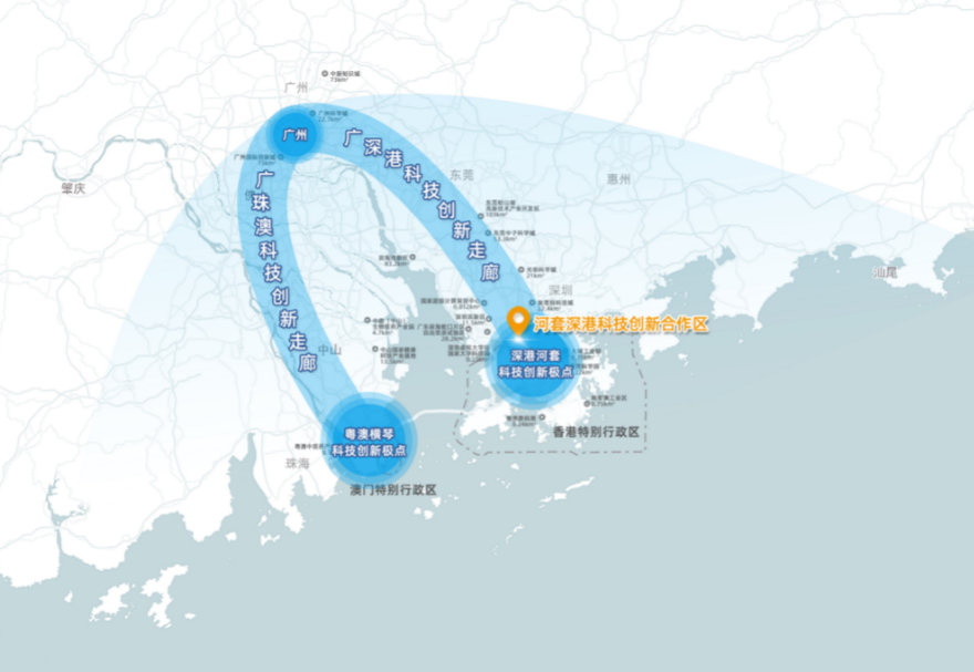 河套合作区地处大湾区科技创新资源集聚的地带，有力支撑广深港科技创新走廊建设，有利于融合香港原始创新和珠三角地区高新技术产业优势，全方位汇聚创新资源。图为两点两廊（即广深港、广珠澳科创走廊和深圳河套、珠海横琴创新极点）示意图。